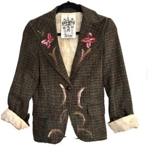 🌻🌺ARTINE Women's Brown Plaid Blazer with Painted Details on front